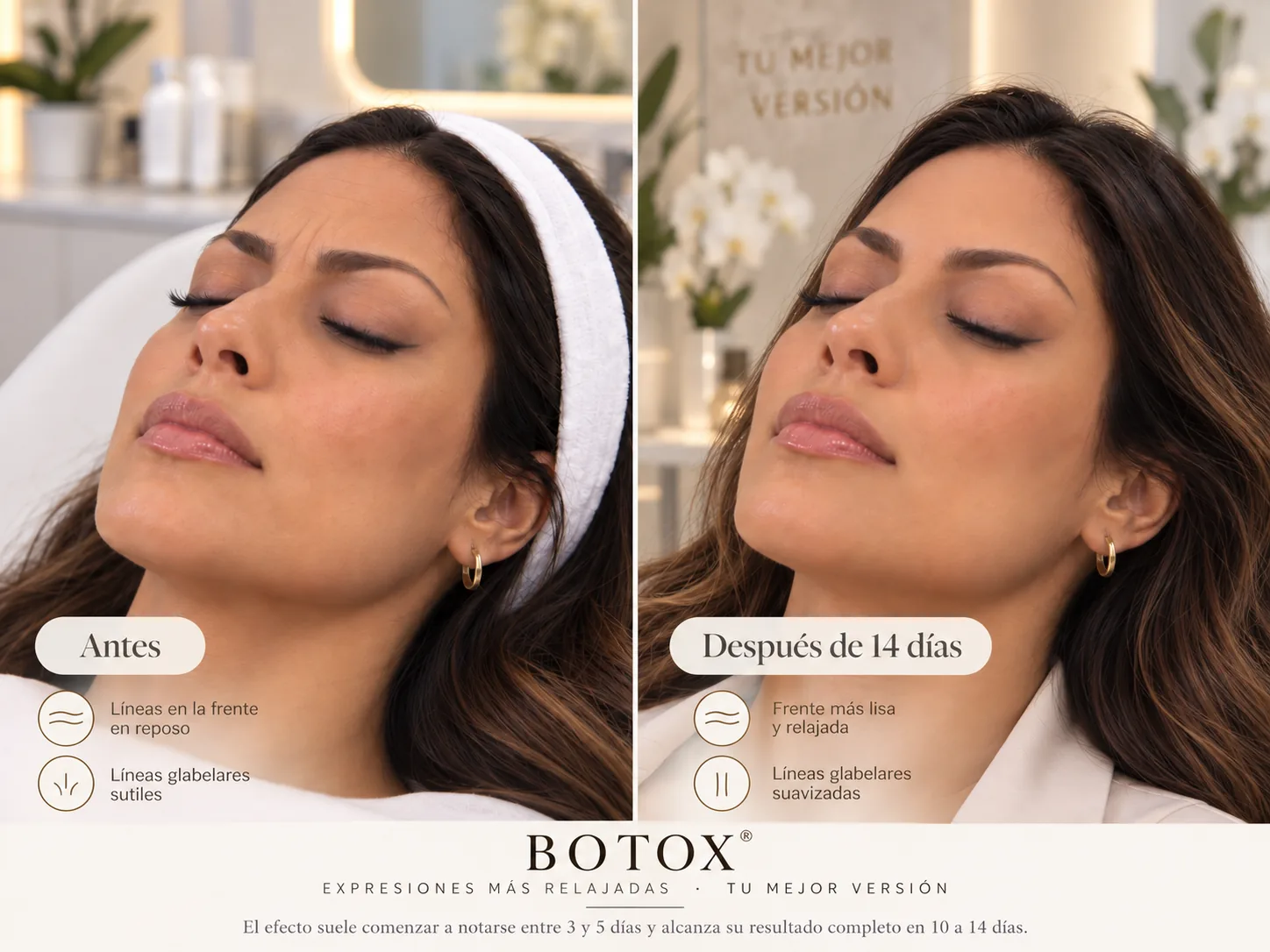 Comparación ilustrativa de frente antes y después de 14 días de aplicación de toxina botulínica